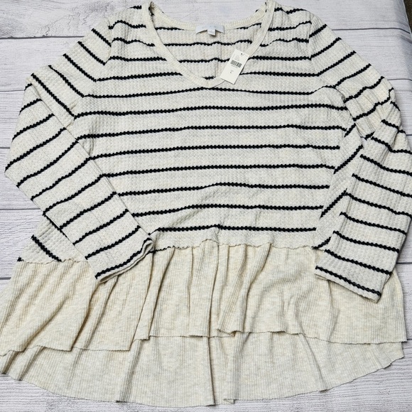 Anthropologie eri + ali Cream Waffle Knit Black Stripe Ruffle Hem Top Large NWT - Picture 1 of 5